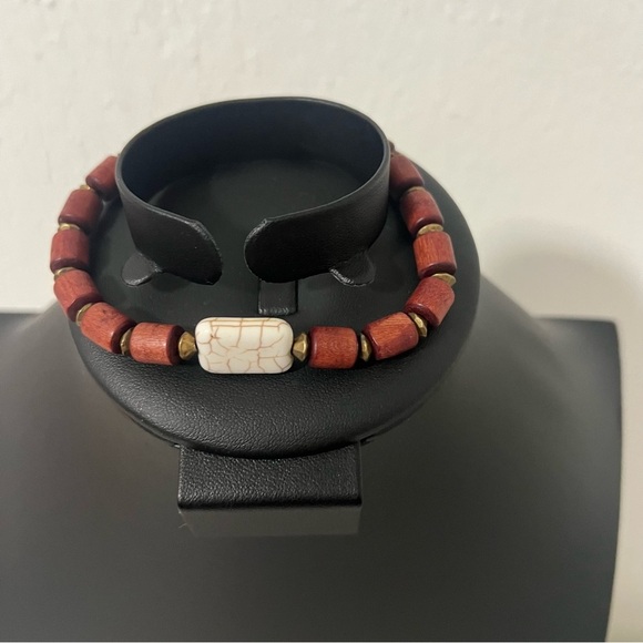 Waxed Wooden Column Brown Beaded Stretch Bracelet with Cream Stone Unisex - Picture 2 of 4